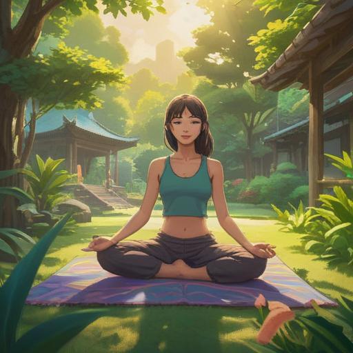 A serene and harmonious lifestyle scene, depicting a person practicing yoga in a tranquil outdoor setting, surrounded by lush greenery, sunlight filtering through the trees, a sense of balance and peace, mindfulness in motion, gentle breeze, calming atmosphere, vibrant colors, nature-inspired elements, 4k