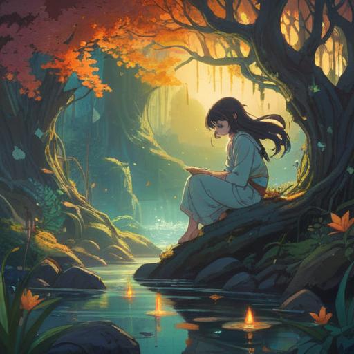 A mysterious scene depicting the concept of broken promises, ethereal lighting, symbolic representations of spiritual growth, a figure contemplating in a serene environment, nature elements intertwined with the theme of trust, soft glows illuminating the surroundings, reflective water surface, vibrant colors, an aura of hope and renewal, 4k