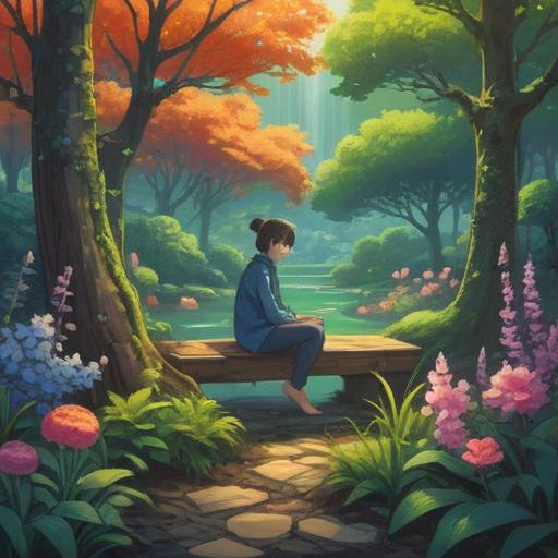 A serene and contemplative scene depicting a person sitting peacefully in a tranquil garden, surrounded by blooming flowers and tall trees, deep in thought, looking towards the horizon with a calm expression, symbols of hope and trust subtly illustrated in the background, a gentle breeze rustling the leaves, harmonious colors conveying healing and reflection, 4k