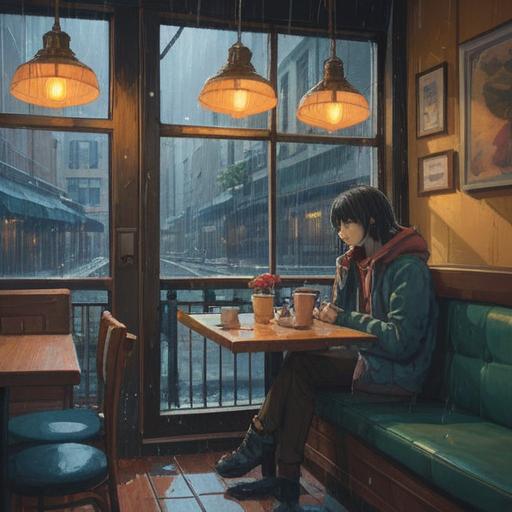 A serene illustration of a person sitting alone in a quiet café, gazing out of the window, soft rain falling outside, a cup of warm tea in hand, reflecting on their feelings, a peaceful expression, cozy atmosphere, gentle lighting, hints of nostalgia, personal growth and self-reflection, 4k