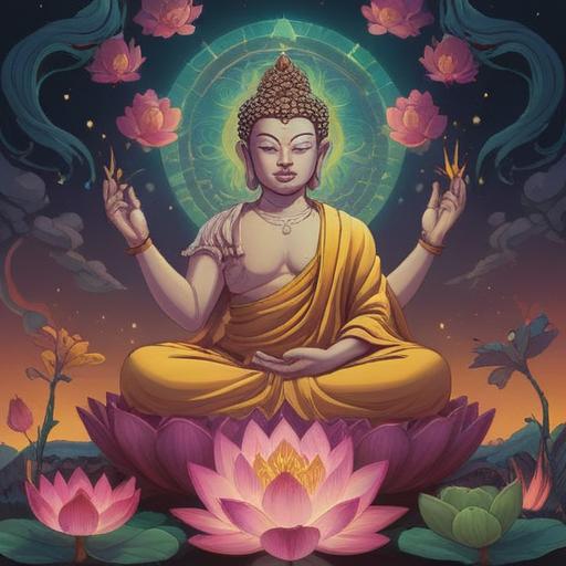 A serene depiction of Maitreya Buddha, radiating spiritual energy, surrounded by blooming lotus flowers, gentle light illuminating the scene, symbols of compassion and hope, tranquil atmosphere, rich cultural details, intricate robe patterns, 4k