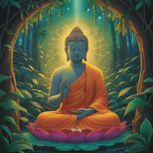 A serene scene depicting Maitreya Buddha, surrounded by ethereal light, emanating a sense of peace and spirituality, lush greenery in the background, people meditating peacefully, warm colors, heavenly atmosphere, intricate details in the Buddha's robes, uplifting and positive energy, 4k