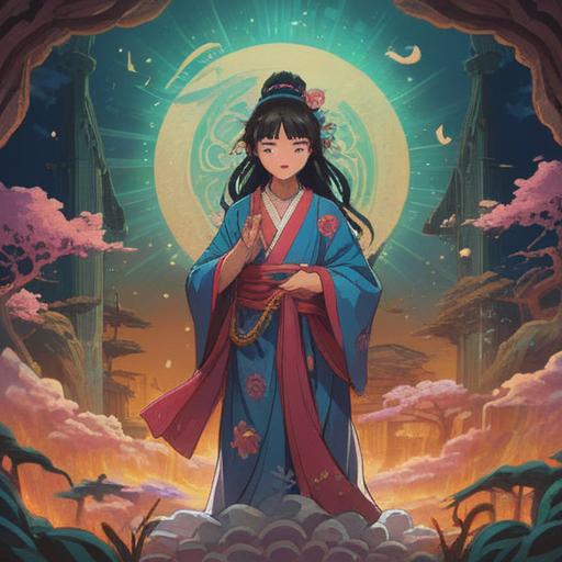 A serene representation of Miroku Bodhisattva, surrounded by ethereal light, intricately designed robes symbolizing compassion, gentle facial expression radiating peace, spiritual signs subtly integrated in the background, a tranquil landscape with soft clouds, calming color palette, harmonious atmosphere, 4k