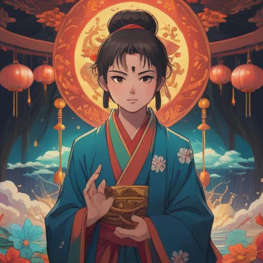 A serene and inviting scene featuring the Miroku Bodhisattva, adorned with traditional attire and a gentle smile, surrounded by various lucky items symbolizing prosperity and happiness, such as golden coins, blooming lotus flowers, and colorful silk fabrics, set in a tranquil garden with soft sunlight filtering through the trees, peaceful atmosphere, harmonious colors, intricate details, 4k