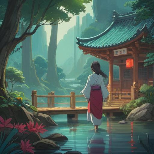 A serene daily life scene featuring Miroku Bodhisattva, harmonious atmosphere, gentle interactions, lush natural surroundings, moments of reflection and peace, spiritual connections, blissful expressions, warm sunlight filtering through trees, intricate details in clothing and environment, tranquil meditation space, 4k