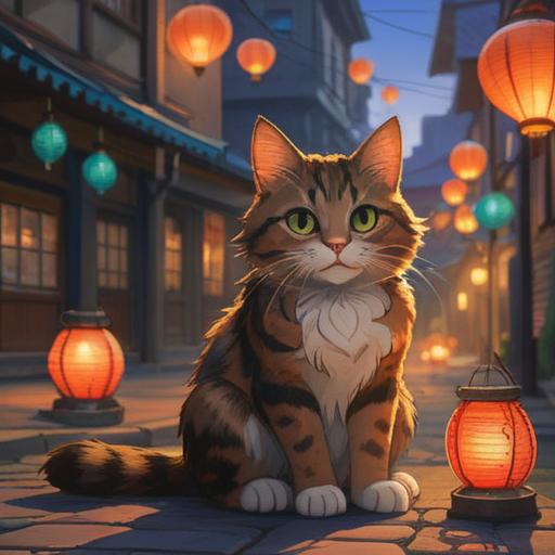 A serene scene of a stray cat sitting on a tranquil street at dusk, soft glow of lanterns illuminating its fur, surrounded by gentle whispers of nature, symbolism of freedom and independence, spiritual connection with the universe, ethereal ambiance, reflective moment, 4k
