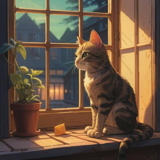 A serene scene featuring a stray cat sitting gracefully on a sunlit windowsill, surrounded by soft, glowing light, symbolizing good fortune and positive energy, vibrant flowers in the background, uplifting atmosphere, mystical aura, visually representing spiritual guidance, 4k