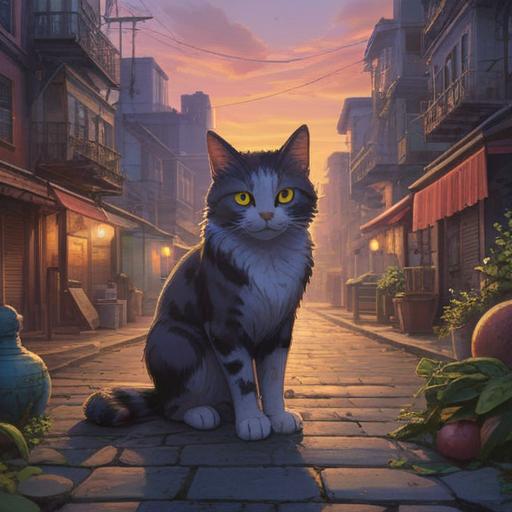 A serene scene depicting a stray cat in an urban setting, mystical aura surrounding the cat, soft glowing light, symbolism of intuition and guidance, vibrant city background, mysterious yet peaceful atmosphere, figurative depiction of spiritual signs, 4k