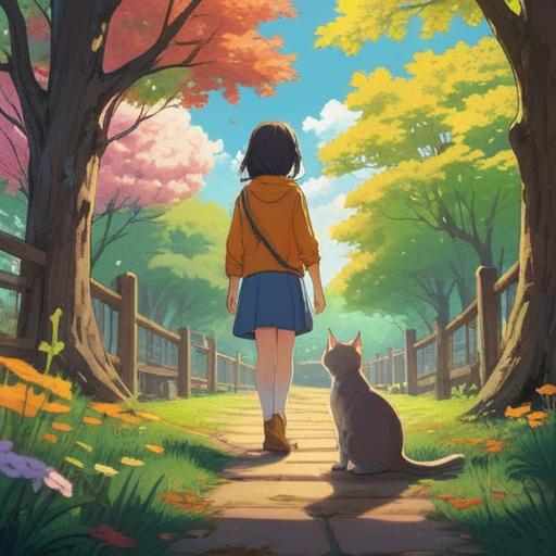 A heartwarming scene depicting a person meeting a cat for the first time, enchanting setting in a sunlit park, gentle ambiance, the cat looking curious and friendly, a sense of connection between the person and the cat, colorful flowers around, soft shadows, emotional warmth, illustrated in a whimsical style, 4k