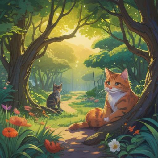 A serene illustration of a person sitting in a peaceful garden surrounded by friendly stray cats, gentle sunlight filtering through the trees, warm connection between human and animals, spiritual bond represented by glowing aura, soft expressions on the cats, tranquil atmosphere, depiction of kindness and empathy, 4k
