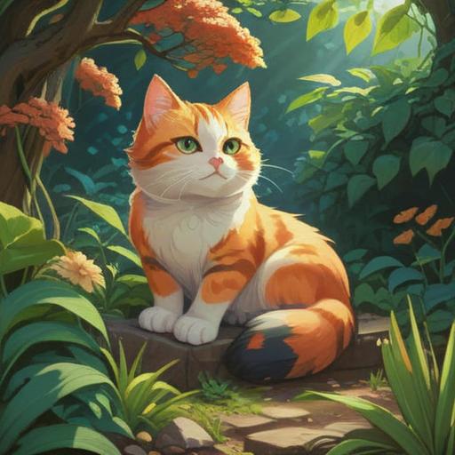 A peaceful outdoor scene featuring a stray cat comfortably resting by a serene garden, soft sunlight filtering through the leaves, an aura of tranquility, vibrant flowers surrounding the cat, symbolizing spirituality and positive energy, gentle breeze, harmonious atmosphere, 4k