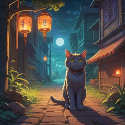 A serene and mystical illustration of a stray cat approaching a person, enchanting aura around the cat, subtle glowing symbols in the background representing spiritual signs, the person looking both curious and cautious, lush greenery surrounding them, soft sunlight filtering through the trees, intriguing atmosphere, 4k