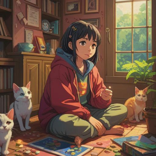 A person sitting in a cozy room, surrounded by various lucky charms, a content stray cat curled up on their lap, soft sunlight streaming through the window, a feeling of warmth and comfort, enchanting atmosphere, vibrant colors, symbolism of good fortune, detailed textures, inviting interior design, 4k