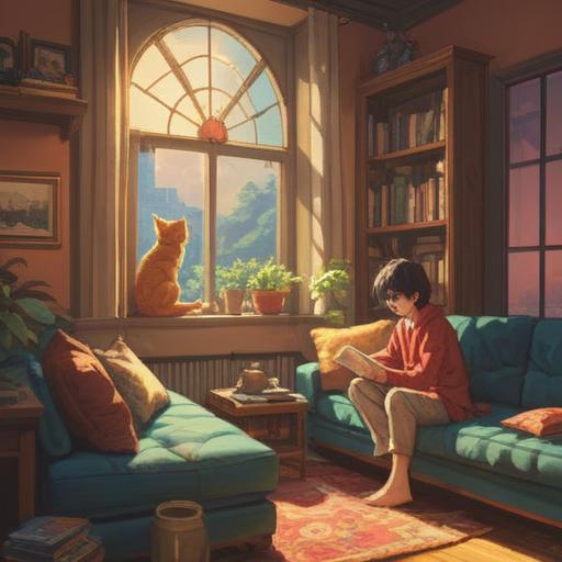 A cozy living room setting, a person sitting on a comfortable sofa, gently petting a fluffy cat, warm sunlight streaming through the window, a cat tree and toys scattered around, a deep bond of companionship evident, soft fur textures, joyful expression, relaxing atmosphere, 4k