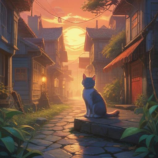 A spiritual scene depicting a stray cat following a person, mystical aura, soft glowing light, serene surroundings, symbolic connection between human and feline, nature elements, gentle emotions, vibrant colors, ethereal atmosphere, 4k