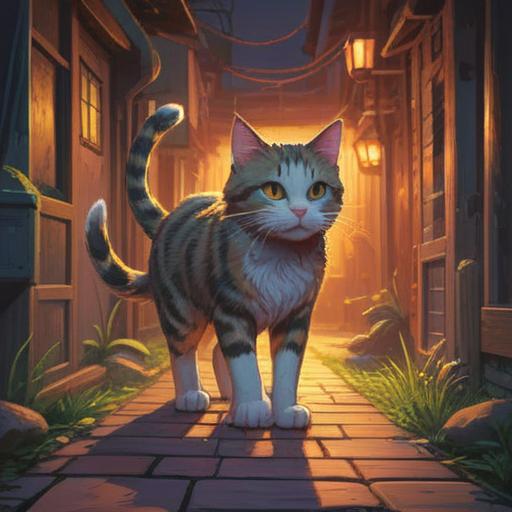 A spiritual illustration of a stray cat following a person, ethereal glow surrounding the cat, warm light illuminating the path, symbolic elements like floating feathers and glowing orbs, serene environment, connection between human and animal, mystical atmosphere, 4k