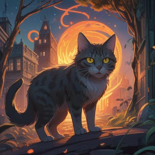 A spiritual illustration depicting a stray cat following a person, subtle glowing aura around the cat, symbols of spiritual signs in the air, serene forest backdrop, gentle light filtering through the trees, the person in a reflective pose, peaceful atmosphere, intricate details of the cat's fur and expression, vibrant colors, 4k