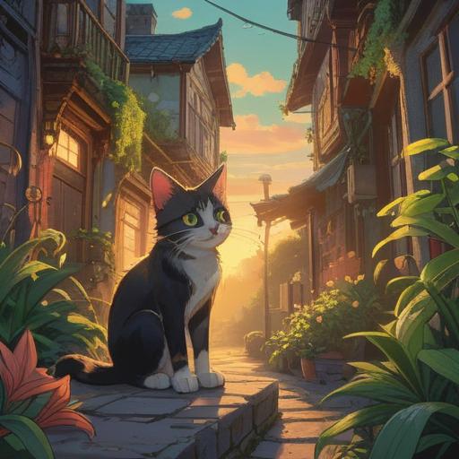 A charming illustration of a stray cat following a young person, warm sunlight casting a gentle glow, lush greenery in the background, the person smiling in surprise, cute and playful cat with a fluffy tail, symbolic of luck and companionship, vibrant colors, heartwarming scene, 4k