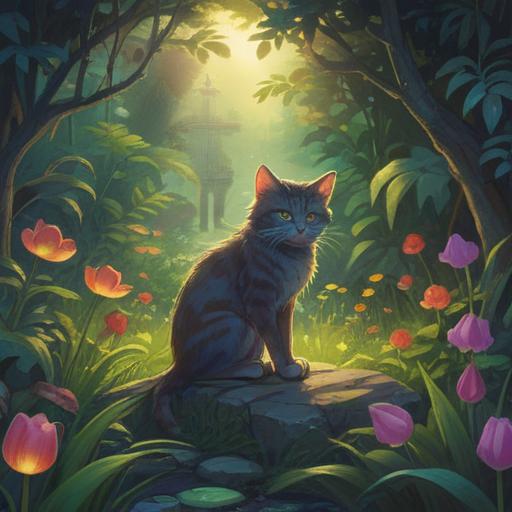 A serene and mystical illustration of a stray cat approaching a glowing, ethereal figure in a lush garden at twilight, surrounded by softly glowing orbs of light, vibrant flowers in full bloom, enchanting atmosphere, sense of connection and spirituality, 4k