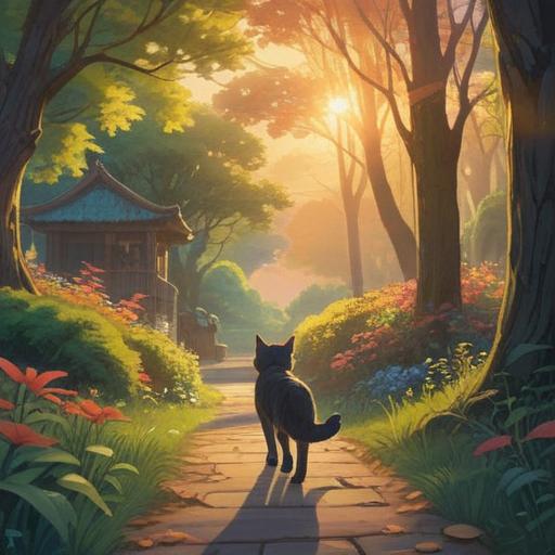 A gentle scene of a stray cat approaching a person, soft sunlight filtering through trees, a peaceful park setting, symbolic aura surrounding the cat, serene expression on the person's face, hints of spiritual energy, calming colors, nature's tranquility, a feeling of connection, 4k
