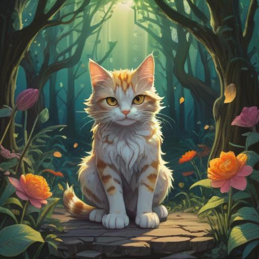 A mystical illustration of a stray cat approaching, surrounded by ethereal light, symbols of intuition and spirit, hints of nature and tranquility, a serene garden setting, soft glowing orbs, detailed foliage, a gentle aura, spiritual guidance, 4k