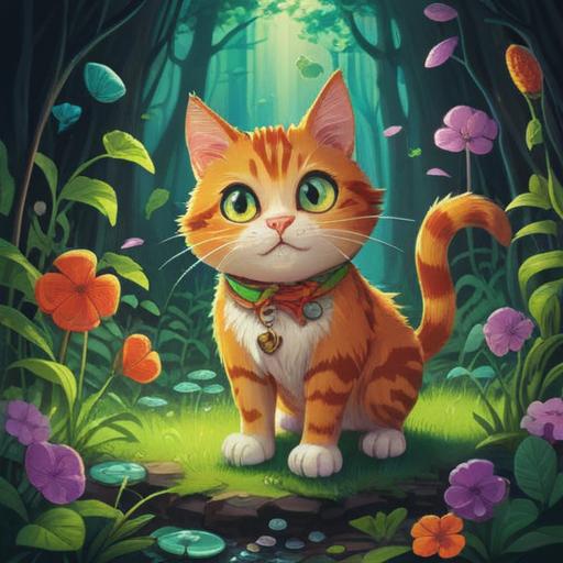 A playful scene of a stray cat approaching happily, surrounded by vibrant lucky charms like a four-leaf clover, a horseshoe, and shiny coins, colorful garden setting, warm sunlight filtering through the trees, inviting atmosphere, joyful expression on the cat's face, 4k