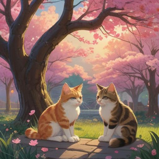 A serene outdoor setting, two stray cats sitting peacefully under a blooming cherry blossom tree, ethereal light filtering through the branches, symbolic gestures reflecting spiritual harmony, soft expressions on the cats’ faces, connection to nature and the universe, vibrant colors, tranquil atmosphere, 4k