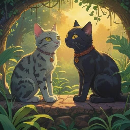 Two stray cats interacting peacefully, surrounded by ethereal light, symbolic representations of good luck and spiritual guidance, lush greenery in the background, a soft glowing aura, gentle expressions on the cats, tranquil atmosphere, divine presence, harmonious colors, 4k