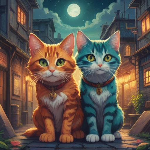 Two stray cats appearing, spiritual signs of awareness, intuition and protection, mysterious atmosphere, connection to the spiritual realm, symbolism of guidance and change, vibrant colors highlighting the cats' features, serene environment, mystical forest backdrop, ethereal lighting, 4k