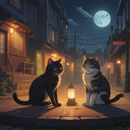 Two stray cats sitting together under a streetlight, one black and one white, softly illuminated by the warm glow, a full moon in the background, a cozy urban nighttime setting, a bowl of food nearby, a mysterious aura, the number seven subtly integrated into the scene, vibrant colors, enchanting atmosphere, 4k