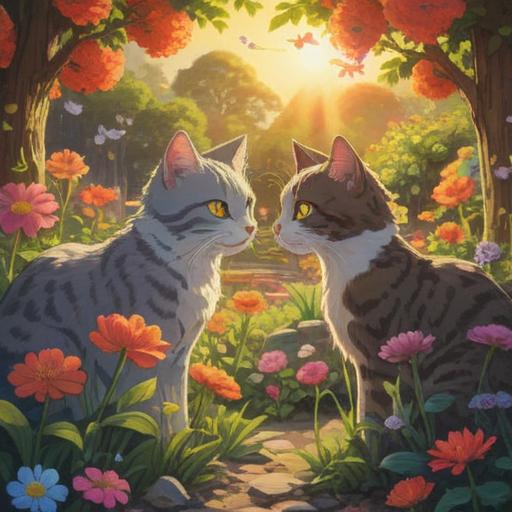 A serene scene of two cats meeting in a sunlit garden, vibrant flowers surrounding them, gentle expressions on their faces, symbolic moment of connection, rich colors capturing the warmth of their encounter, peaceful atmosphere, natural setting, 4k
