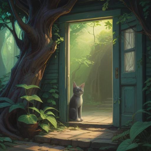 A serene and contemplative scene, a solitary cat sitting by an empty doorway, soft light filtering through the trees, symbolism of absence and longing, ethereal atmosphere, gentle color palette, subtle hints of spirituality, reflections of past companionship, hauntingly beautiful, 4k