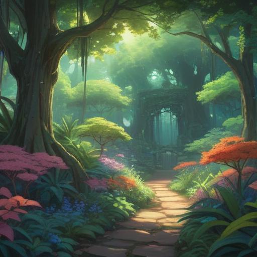A serene and mystical scene depicting a tranquil garden, a gentle sunlight filtering through lush trees, a mythical aura surrounding an empty space where stray cats used to roam, soft ethereal glow, vibrant flowers symbolizing hope, subtle spiritual elements like floating orbs of light, peaceful atmosphere, harmonious nature, 4k