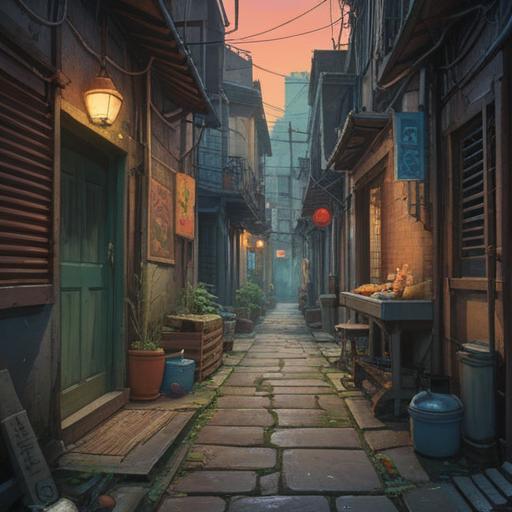 A mystical scene depicting a neglected alleyway, subtle signs of spiritual presence, an empty food bowl, ethereal glow around the shadows, hints of feline energy, symbols of protection and solitude, serene atmosphere, soft moonlight illuminating the surroundings, nature reclaiming the space, 4k