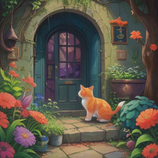 A whimsical scene depicting a person trying various lucky actions to attract a stray cat back, colorful garden setting, vibrant flowers, cheerful expressions, a bowl of cat food, waving a shiny object, sitting quietly with open arms, hopeful demeanor, playful atmosphere, soft sunlight filtering through trees, 4k