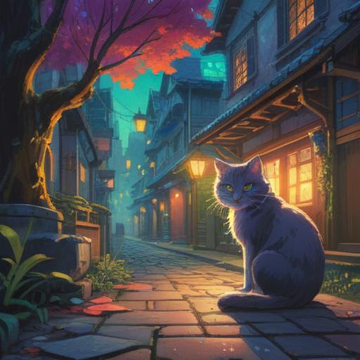 A spiritual moment when making eye contact with a stray cat, vivid colors, gentle light, mystical aura, harmonious connection, serene surroundings, captivating gaze of the cat, calm atmosphere, nature elements, enchanting ambiance, 4k
