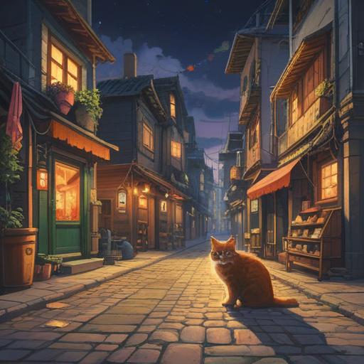 A stray cat making eye contact with a person, an atmosphere of serendipity, a whimsical street scene, vibrant colors, lucky items like a four-leaf clover and a horseshoe, soft sunlight casting gentle shadows, detailed urban background, a sense of joy and fortune, 4k