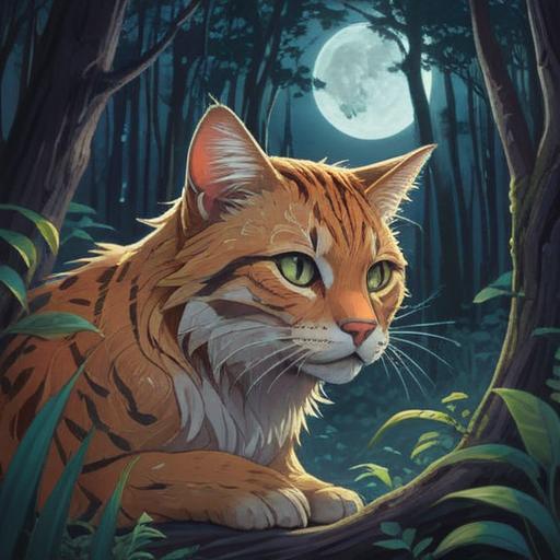A wild cat crying under a full moon, mystical forest background, ethereal light illuminating the scene, deep connection to nature, symbols of spirituality surrounding the cat, serene atmosphere, intricate details in the fur and features, captivating expressions, 4k