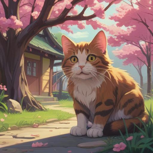 A serene daytime scene depicting a stray cat meowing softly under a blooming cherry blossom tree, symbolizing spiritual blessings and good signs, gentle sunlight filtering through the branches, ethereal atmosphere, vibrant colors, detailed fur texture, peaceful expression on the cat’s face, harmonious nature backgrounds, 4k