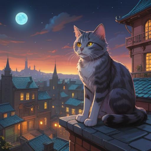 A mysterious and ethereal scene, a stray cat sitting on a moonlit rooftop, its eyes glowing with wisdom, surrounded by a mystical aura, the sky filled with twinkling stars, a gentle breeze rustling the leaves, an ambient atmosphere that evokes curiosity and introspection, capturing the essence of spiritual signs, 4k