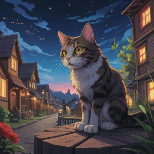 A whimsical scene of a stray cat meowing under a starlit sky, symbolizing the start of an adventurous journey, vibrant colors, a path lined with blooming flowers, glowing lanterns illuminating the surroundings, a hopeful expression on the cat’s face, soft moonlight casting gentle shadows, serene ambiance, 4k