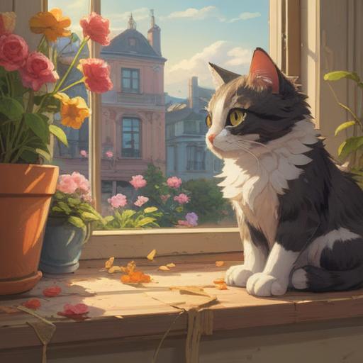A serene scene of a stray cat sitting peacefully on a sunny windowsill, soft sunlight illuminating its fur, surrounded by blooming flowers, a gentle breeze swaying the curtains, the cat gazing thoughtfully at the outside world, symbols of luck such as tiny four-leaf clovers nearby, inviting atmosphere, capturing the essence of luck and serenity, 4k