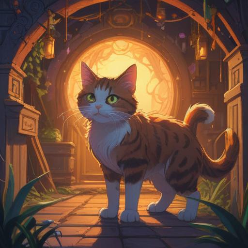 A spiritual scene featuring a stray cat approaching, soft glowing aura, gentle moonlight illuminating the cat's fur, symbolic representation of intuition and independence, serene background with soft colors and ethereal elements, tranquil atmosphere, capturing the essence of guidance and connection, 4k