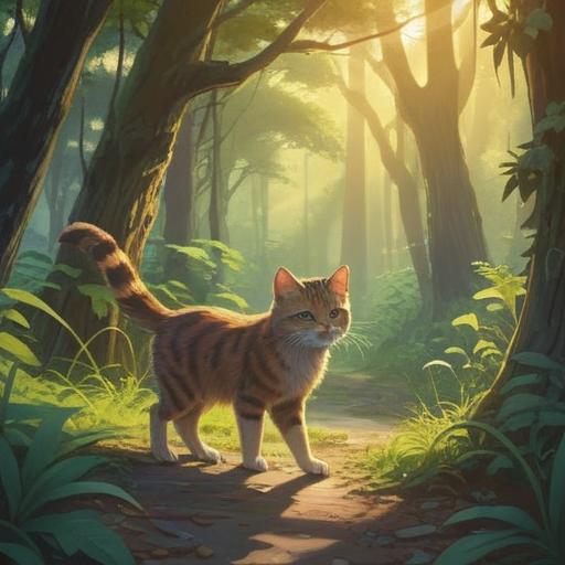 A serene outdoor scene, a stray cat approaching gently, soft sunlight filtering through trees, the atmosphere filled with a sense of calm and spirituality, symbols of good fortune subtly integrated into the background, an inviting and peaceful garden setting, harmonious color palette, 4k