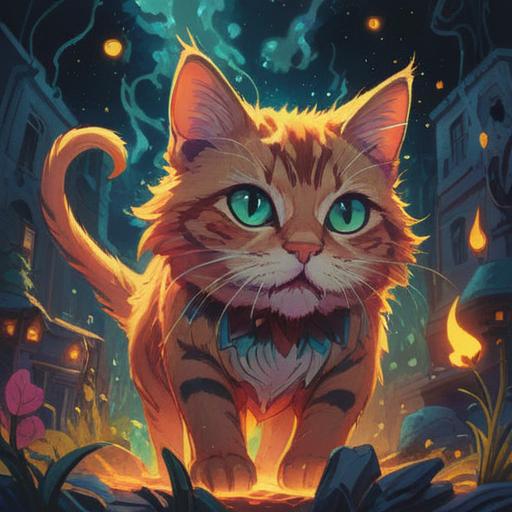 A curious stray cat meowing softly, approaching gently, mystical aura, symbolic spiritual signs in the air, vibrant colors representing intuition, surrounding nature with ethereal glow, serene expression on the cat's face, tranquil environment, soft lighting, enchanting atmosphere, 4k