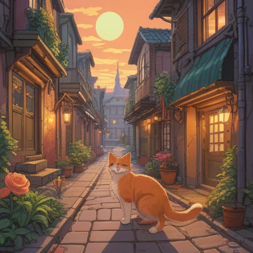 A stray cat approaching with a soft meow, surrounded by a gentle, warm glow, depicting a serene street scene, showcasing blooming flowers and colorful butterflies, evoking a sense of luck and charm, heartwarming atmosphere, detailed fur texture, captivating eyes, 4k