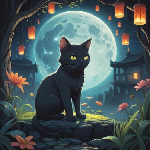 A serene scene featuring a stray cat with mystical black and white patterns, surrounded by ethereal light, symbolic elements reflecting spirituality, tranquil nature backdrop, soft gentle shadows, an aura of calmness, intertwined with flowers and stars, capturing the essence of spiritual connections, 4k