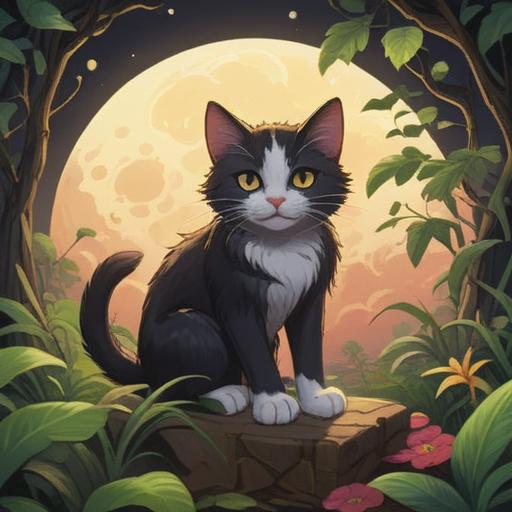 A serene outdoor scene featuring a black and white stray cat, sitting peacefully under a softly glowing moon, surrounded by lush greenery, gentle light illuminating the cat's fur, ethereal atmosphere, symbolizing spiritual guidance, harmonious connection with nature, enchanted forest setting, tranquil environment, inviting sense of wonder, mystical elements, 4k