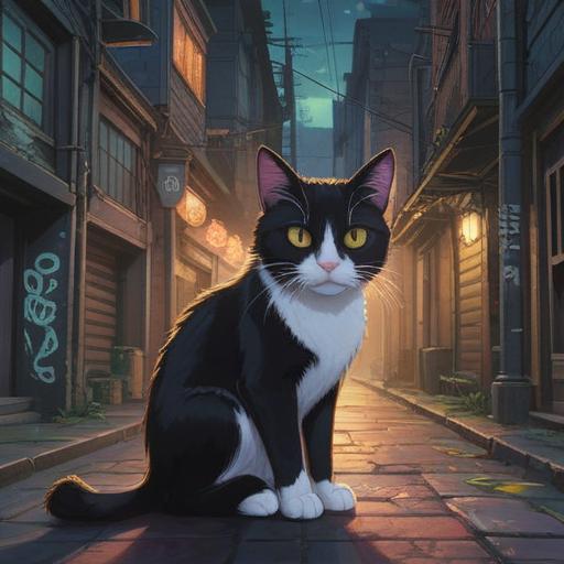 A black and white patterned stray cat in a serene urban environment, mystical aura surrounding the cat, glowing symbols in the air hinting at spiritual messages, soft moonlight illuminating the scene, curious onlookers observing the cat, intricate urban details in the background, mysterious and enchanting atmosphere, 4k