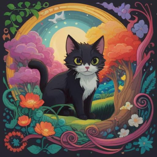 A lucky item inspired by the sighting of a black and white stray cat, whimsical design, charming details, playful elements, magical aura, surrounded by symbols of good fortune, vibrant colors, inviting atmosphere, interesting textures, 4k